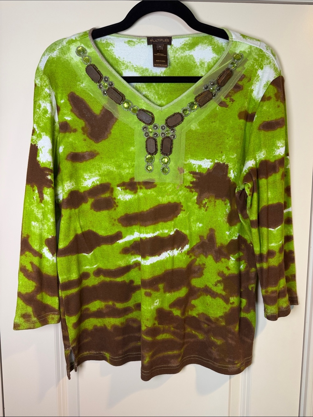 Multiples Lime Green and Brown Tie-Dye V-Neck Top with Beaded Neckline - Size M